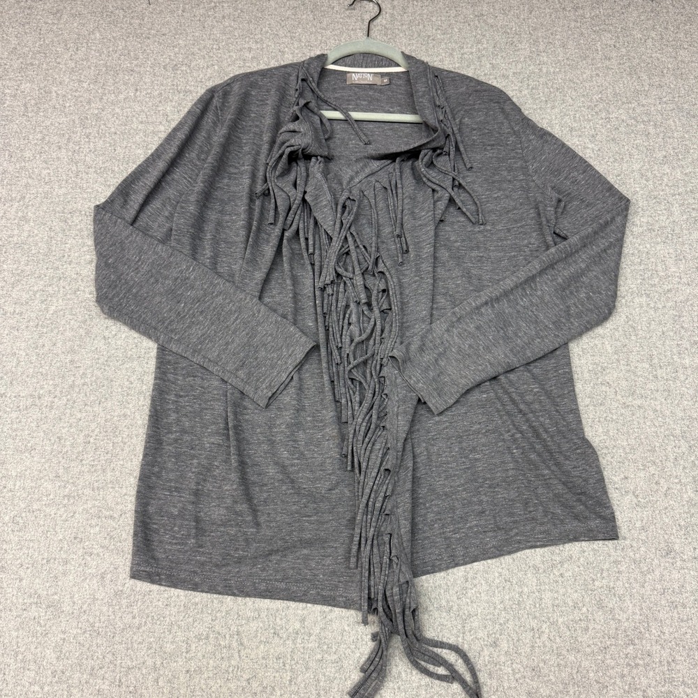Nation LTD Cardigan Sweater Medium Gray Fringe Open Front Boho Jersey Knit